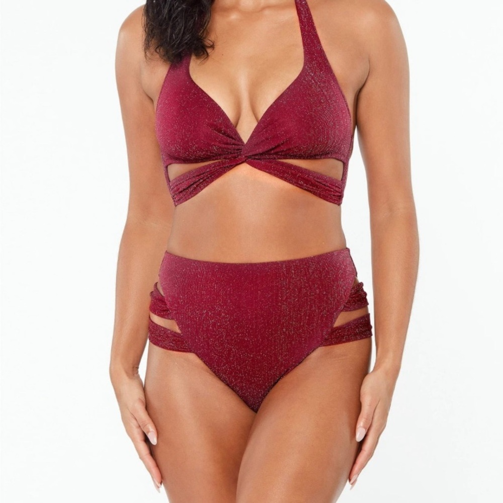 Bar III Burgundy Shimmer Halter Cutout Strappy-Leg High Rise 2 Piece Bikini Set
